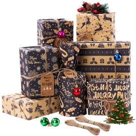 Christmas Wrapping Paper, 12 Sheets Navy Blue and Brown Xmas Gift Wrapping Paper, Recyclable Kraft Christmas Wrap Paper Set with Tags & Jute String