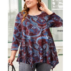 LARACE Plus Size Tops 3/4 Sleeve Shirts for Women Tunic Tops For Leggings Floral Basic Tee Loose Fit Clothing(A-WineRed30 3X)