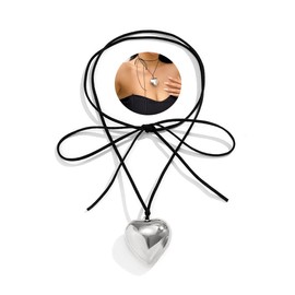 Gangel Y2K Heart Necklace Chunky Heart Choker Necklaces Long Adjustable Leather Chain for Women
