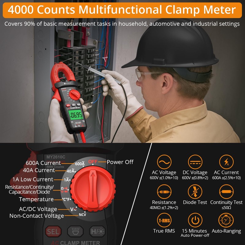 Neoteck Digital Clamp Meter 600A AC, 4000 Counts TRMS Auto-Ranging