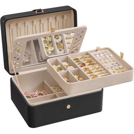 SONGMICS Jewelry Box with Mirror, 2-Layer Jewelry Holder Organizer, Travel Jewelry Case, Removable Jewelry Tray, 6.9 x 8.7 x 4.3 Inches, Earring Necklace Storage, Gift Idea, Ink Black UJBC200B01