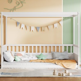 Twin Size Canopy Bed Frame with 4 Posters and Guardrails, Twin Size Montessori Floor Bed with High Fence, White Montessori Bed