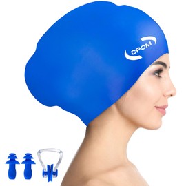 Silicone Swimming Cap for Women & Men, High Elasticity Swim Hat for Long Hair, Waterproof Bathing Cap with Ear Plugs & Nose Clip, Keep Hair Dry, Easy On/Off (Blue)