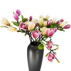 cosybeau Elegant Artificial Magnolia Flower Stems(Not Included Vase), Half-Bloom Faux Magnolia Branches for Magnificent Home Decor (8, 5purple+3green)