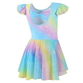 DIPUG Ballet Leotards for Girls Toddler Dance Leotard Shiny Skirts Ruffle Sleeve and Bow Back Short Sleeve Rainbow Size Kids 6-8 M