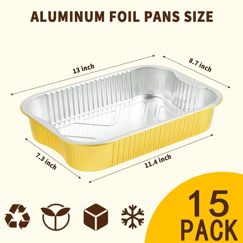FUERKEEM 15 Pack Gold Aluminum Foil Pans with Lids 9x13,