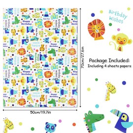 Birthday Wrapping Paper For Kids Girls Boys, Animals Birthday Design Gift Wrap Paper for Birthday or Baby Shower, 4 Sheets Folded Flat 20x28 Inches Per Sheet