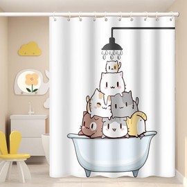 Umpoo Raining Cat Shower Curtain for Kids Cartoon Animal Pattern Colorful Hilarious Funny Kitten Lovely Pets Bathroom Waterproof Fabric Polyester Shower Curtain with Hooks, 72x72 Inch