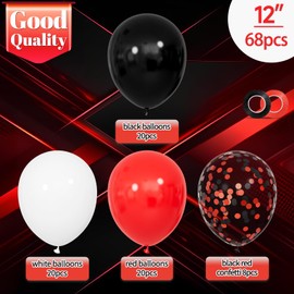 68Pcs Black Red White Latex Balloons 12 Inch with Black Red Confetti Balloons for Birthday, Baby Shower, Graduation Poker Card Party
