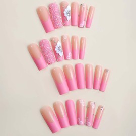 YoYoee Long Rose Nails Tips Glitter French False Nails Square Press on Nails Daisy Full Cover Ballerina Fake Nails for Women and Girls 24PCS