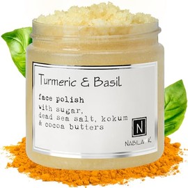 Nabila K - Esmalte facial de cúrcuma y albahaca - Limpiador facial exfoliante - Para acné y piel seca - Reduce el enrojecimiento - Cuidado de la piel 