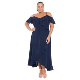 London Times Women's Dresses Cold Shoulder Hi-Low Maxi Dress with Feminine Ruffle Occasion Guest of Mother of The Bride, Navy, 14