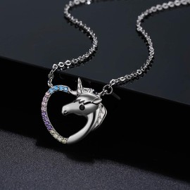 Qings Rainbow Unicorn Necklace, Womens 925 Sterling Silver Heart Shaped Pendant with Colorful Cubic Zircons, 45cm+3cm Adjustable Chain, Exquisite Box, Gift for Girls Mother Christ mas Valentine's Day