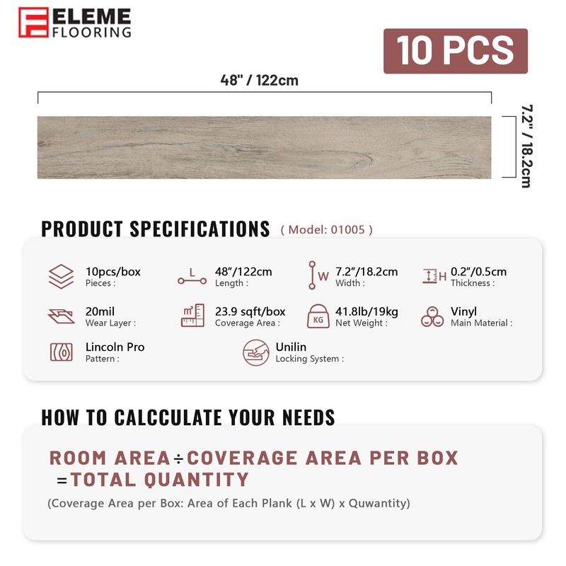 E ELEME Flooring 7 x 48 inch Luxury Vinyl Flooring