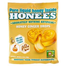 Honees Filled Honey Ginger Drops, Natural Cough Drops- Pure Ginger Sore Throat Relief - Nothing Artificial -Throat Coat Lozenges, Natural Cough Suppressant, Non-GMO, Gluten Free (1 Pack – 20 Units)