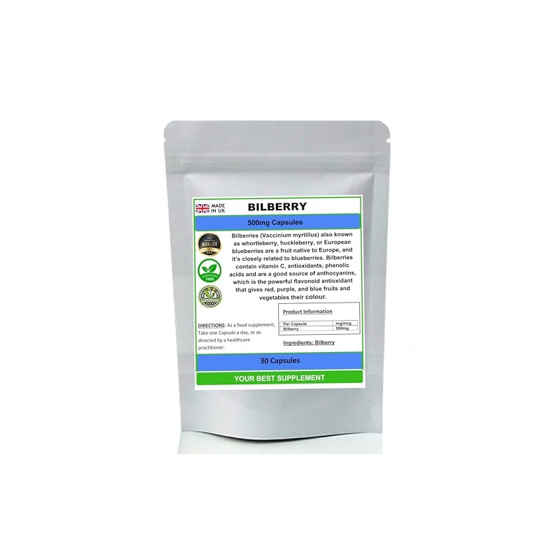 Bilberry Capsules 500mg- Premium Quality (High Strength) Natural No Additives
