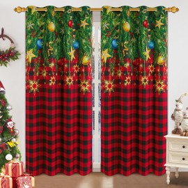 FRAMICS Christmas Curtains 84 Inch Length 2 Panels Set, Red Buffalo Plaid Christmas Curtains, Golden Stars Christmas Tree Blackout Curtains for Bedroom Living Room, Christmas Decorations, 52"W x 84"L