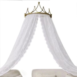 SFYZHMME Crown Bed Canopy Chiffon, Prince Gold Metal Crown with Decorative lace Bed Curtain Drapery for Living Room Gift Party (White)