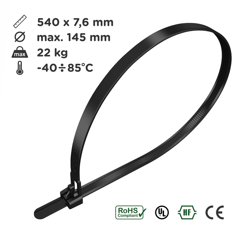 intervisio Cable Ties, Resealable, 540 mm x 7.6 mm, Black,