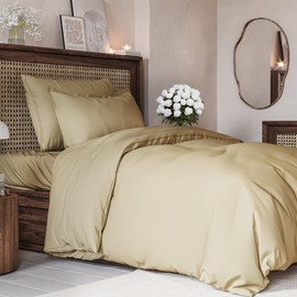 3-Piece King Size Bedding Duvet Quilt Cover Set with 2 Pillowcases - Hotel Quality - Cooling, Wrinkle-Free, Machine Washable with Zipper & Corner Ties - Super Soft Microfibre-Polyester - Beige