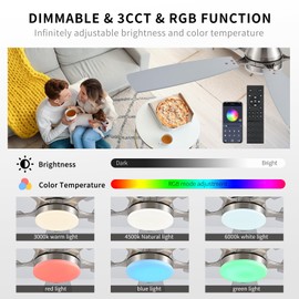 FUMLTP Ceiling Fans with Lights, 54inch RGB Low Profile Ceiling Fan with Light and Remote/App Control, Flush Mount, Dimmable, Reversible DC Motor, Noiseless, 6 Speeds Nickel Ceiling Fan for Bedroom