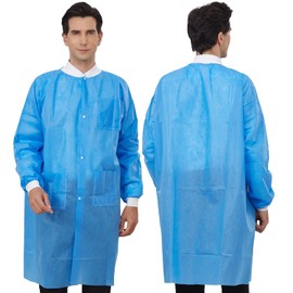 Greenour Disposable Lab Coats Blue Pack of 10 SMS with Pockets for Adult Knitted Collar and Cuffs Breathable Fluid Resistant (Medium)
