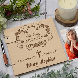 Engraved Wooden Memorial Funeral Remembrance Guest Book with Cross Design, 23 x 23 cm, 30 Pages