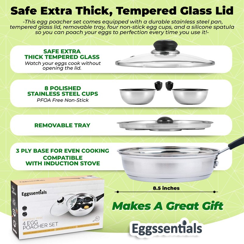 Eggssentials Egg Poacher Pan Nonstick Poached Egg Maker, Stainless Steel