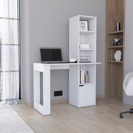 Iowa Computer Desk with Integrated Bookcase and Cabinet - Versatile White Office Desk - WFH Setup - Home Office Organization