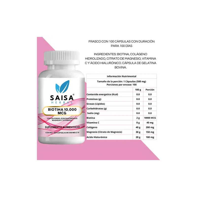 Biotina 000 Mcg Ácido Hialurónico Colágeno Magnesio 200 Cápsulas Saisa