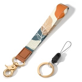 Hsxnam Wrist Lanyard Key Chain, Cute Wristlet Strap Keychain Holder for Women Men Kids Keys ID Badges Phone Airpod, White Leaves