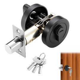 Round Deadbolt Door Lock, Single Cylinder Deadbolt with Key, Black Internal Door Lock, 35-50mm Zinc Alloy Security Gate Locks for Bedroom, Entrance Passage