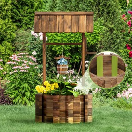 Aoxun Wooden Wishing Well Planters with Hanging Bucket, Garden Helper, Rustic Garden Decor for Outside, Yard, and Patio, Upgrade Reinforced Base, Brown