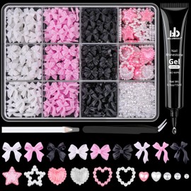 600 Pcs 3D Nail Charms and Flatback Pearls #8, 3 Colors Bow + Pink&White Star Heart Cute Charms + 2-6mm White Pearls for Nail Art Design with Nail Charm Glue(UV Needed) and Pickup Tools