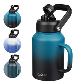 BJPKPK 64oz Insulated Water Bottle with Handle, Large Dishwasher Safe Half Gallon Water Bottle, BPA Free Water Jug, Wide Mouth Metal Water Bottle with Anti-slip Bottom, Keep Cold & Hot, Blue & Black