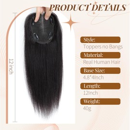 meralona Hair Toppers for Women Real Human Hair Upgrade Swiss Lace Base Hand-Tied Invisible 12 Inch Toppers Hairpieces for Women -Natural Black