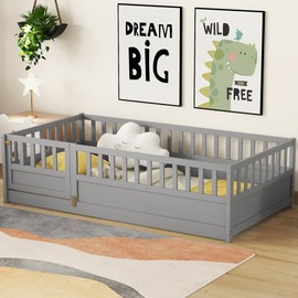 Twin Size Floor Bed with High Fence and Door, Montessori Floor Bed Twin Size, Twin Size Montessori Bed for Kids, Girls, Boys, Twin Floor Bed Without Slats(Gray Floor Bed Twin Size)
