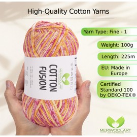 MeriWoolArt® Cotton Yarn - 100% Cotton Yarn, Multicoloured Textile Yarn, DK & Super Light, 100 g Ball, Ideal for Knitting, Crochet & Summer Accessories