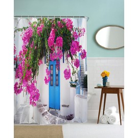 goodbath Shower Curtain, Traditional Greek House Fowers 3D Anti Mould Waterproof Bath Curtains for Bathroom, 180x180cm, Blue White