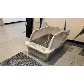 Stainless Steel Litter Box, Large Metal Cat Litter Box with High Sided for Big Cats, Enclosed Litter Boxed with Lid, Easy-Clean Cat Litter Mat & Scoop Kit, Non Sticky, Anti-Urine Leakage（White）