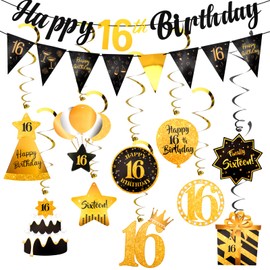 Vovii Sweet 16th Birthday Decorations for Girls Boys, Black and Gold Happy 16th Birthday Banner 1Pcs Triangle Banner 10Pcs Hanging Swirls for Sixteen Year Old Birthday Decorations Decor Party Supplies