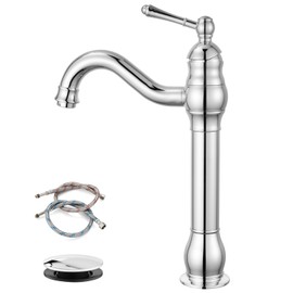 gotonovo Vessel Sink Faucet 360° Swivel Spout Single Handle Tall Bathroom Faucet 1 Hole Farmhouse Lavatory Washbasin Mixer Tap Matching Supply Hoses, with Pop Up Drain, Polish Chrome