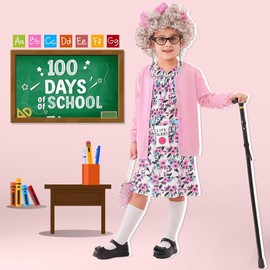 100 Days of School Old Lady Costume Set with Granny Dress Cardigan Old Lady Wig Glasses Grandma Dress Up Outfits 13Pcs (Pink L) 100day-C-PinkCamellia-L