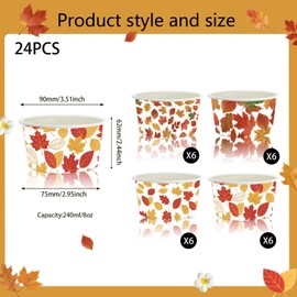 YVAINE 24 Pcs Fall Maple Leaves Treat Snack Cups 8 oz Harvest Disposable Paper Cup Dessert Ice Cream Bowls for Autumn Birthday Thanksgiving Party Supplies Decorations