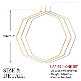 3 Pairs Big Geometric Hoop Earrings 50mm 2 inch Octagon Lightweight Thin Hoops 18K Gold Silver Rose Gold Plated Stainless Steel Hypoallergenic Hoop Earrings Set for Women