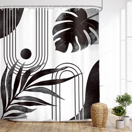 Glawry Boho Black White Shower Curtain Mid Century Abstract Tropical Palm Leaf Modern Minimalist Plant Botanical Bathroom Geometric 60Wx72L Inches Bath Accessories Art Home Decor Fabric 12 Pack Hooks