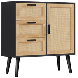 Iwell Storage Cabinet with Rattan Door & 3 Drawers, Rattan Cabinet with Adjustable Shelf for Living Room, Dining Room, Entryway, Black+Natural
