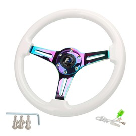 Hiracing 14inch Universal Classic Wood Grain Steering Wheel Chromed 3 Spoke 1.5inch Depth White Steering Wheel with Horn Button 6 bolts