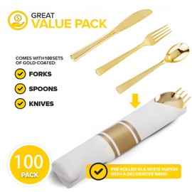 Joyido 200PCS Pre Rolled Gold Plastic Silverware Sets - Heavy Duty Gold Cutlery - Include 50 Pack Wrapped Disposable Utensils with Napkins for Parties, Dinners & Weddings