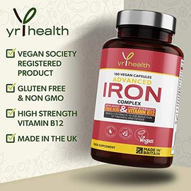 yrhealth Iron Supplement, 20mg Maximum Strength Anti Fatigue Complex - 180 Vegan Capsules not Iron Tablets for Men & Women with Vitamin B12, Folic Acid, Vitamin C, B6, Zinc, Copper - Made in The UK by YrHealth
